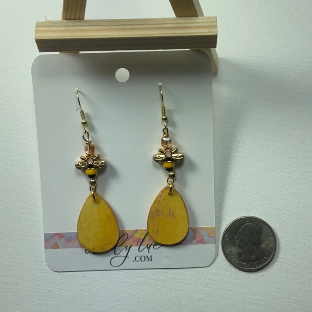 Golden Dangle Teardrop Statement Earrings with Bee Charm